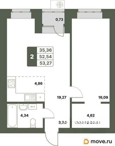2-комн. квартира, 53.27 м&sup2;