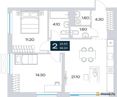2-комн. квартира, 58.2 м&sup2;