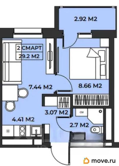 1-комн. апартаменты, 29.2 м&sup2;
