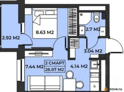 1-комн. апартаменты, 28.87 м&sup2;