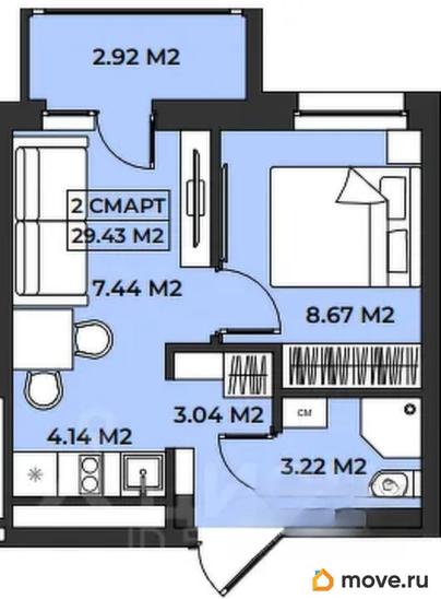1-комн. апартаменты, 29.43 м&sup2;