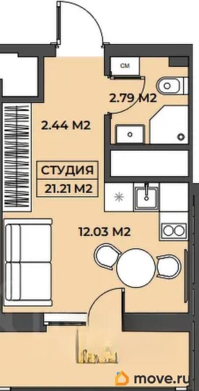 1-комн. апартаменты, 21.21 м&sup2;