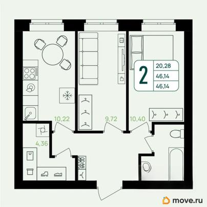 2-комн. квартира, 46.14 м&sup2;