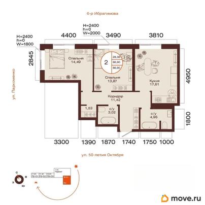 2-комн. квартира, 66.9 м&sup2;
