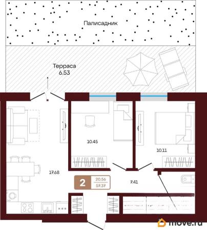 2-комн. квартира, 57.37 м&sup2;