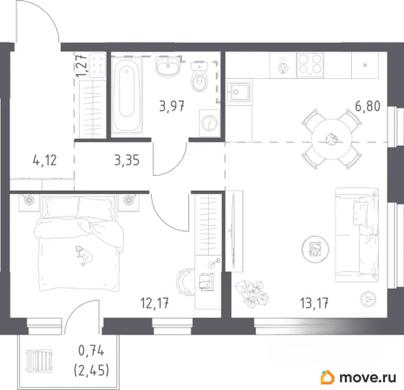 1-комн. квартира, 45.6 м&sup2;