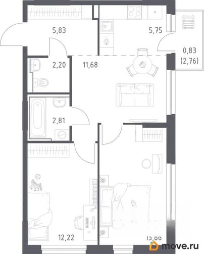 2-комн. квартира, 55 м&sup2;