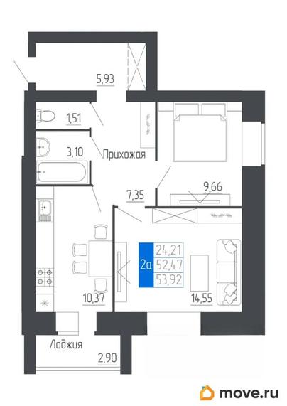 2-комн. квартира, 53.92 м&sup2;