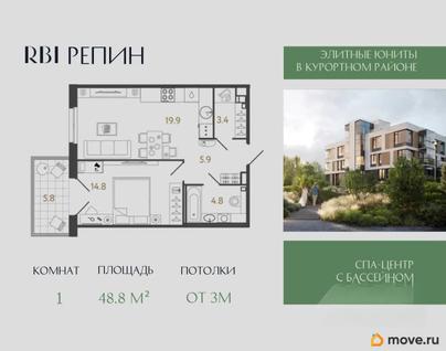 1-комн. апартаменты, 48.8 м&sup2;