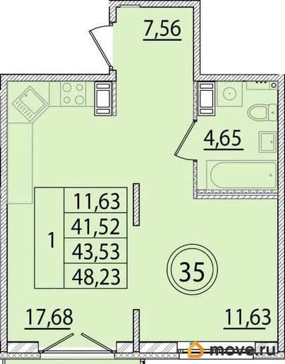 1-комн. квартира, 41.52 м&sup2;
