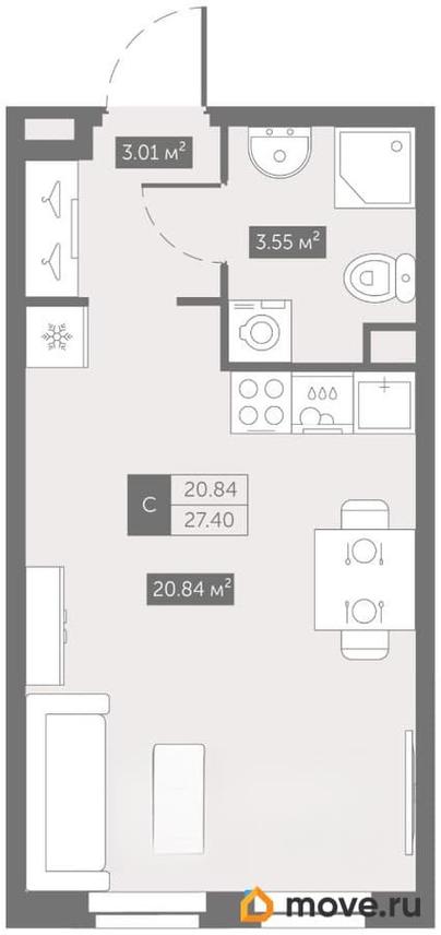 1-комн. апартаменты, 27.3 м&sup2;