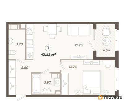 1-комн. квартира, 49.53 м&sup2;