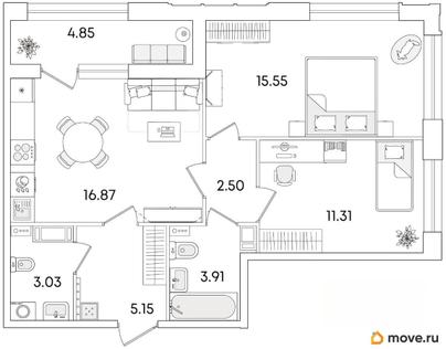2-комн. квартира, 60.75 м&sup2;