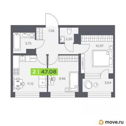 2-комн. квартира, 47.08 м&sup2;