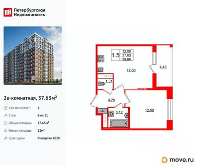 1-комн. квартира, 37.63 м&sup2;