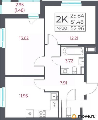 2-комн. квартира, 52.96 м&sup2;