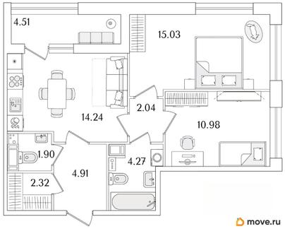 2-комн. квартира, 57.95 м&sup2;