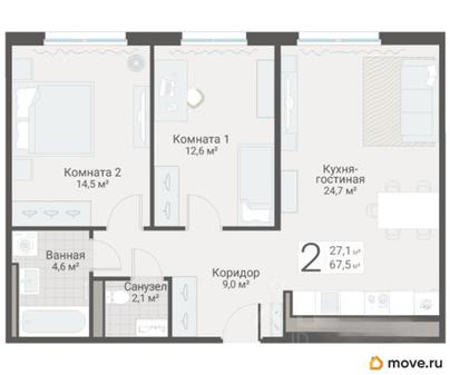 2-комн. квартира, 67.5 м&sup2;