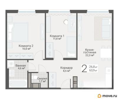 2-комн. квартира, 63.9 м&sup2;