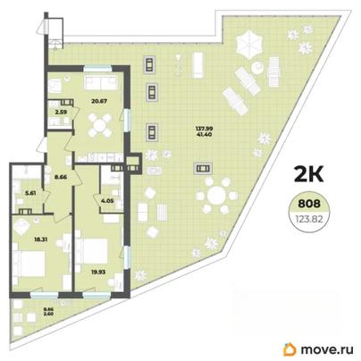 2-комн. апартаменты, 123.82 м&sup2;