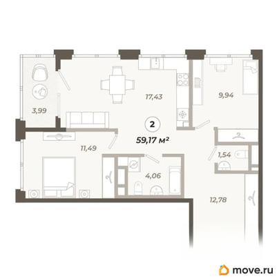 2-комн. квартира, 59.17 м&sup2;