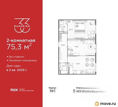 2-комн. квартира, 75.3 м&sup2;
