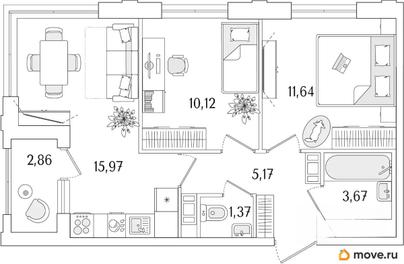 2-комн. квартира, 49.37 м&sup2;