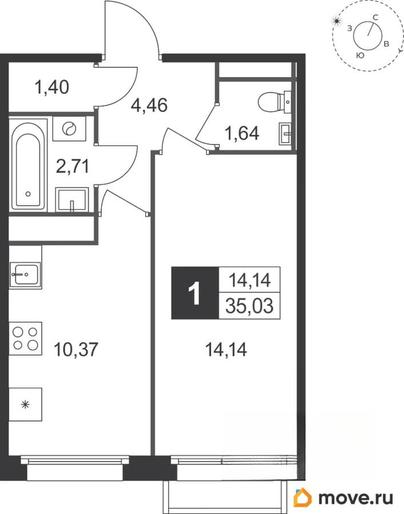 1-комн. квартира, 35.03 м&sup2;
