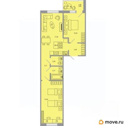 2-комн. квартира, 56.88 м&sup2;