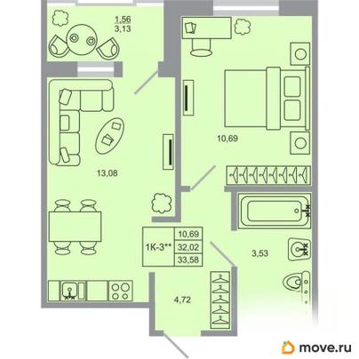 1-комн. квартира, 33.58 м&sup2;