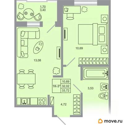 1-комн. квартира, 33.72 м&sup2;
