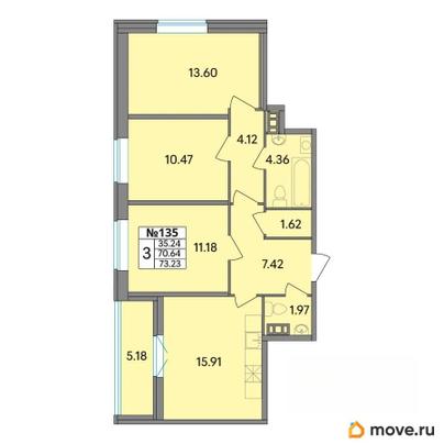 3-комн. квартира, 73.24 м&sup2;