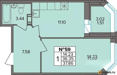 1-комн. квартира, 37.86 м&sup2;