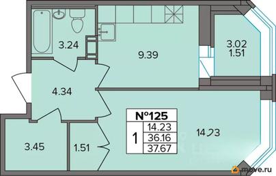 1-комн. квартира, 37.67 м&sup2;