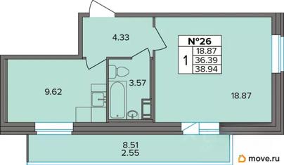 1-комн. квартира, 38.94 м&sup2;