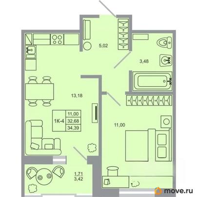 1-комн. квартира, 34.39 м&sup2;