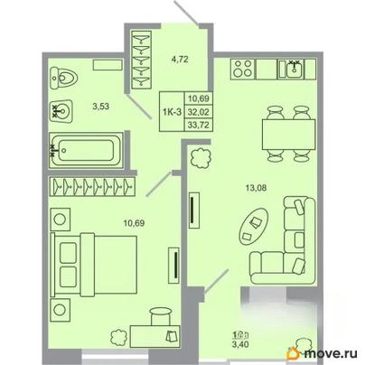 1-комн. квартира, 33.72 м&sup2;