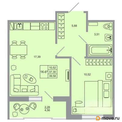 1-комн. квартира, 39.58 м&sup2;