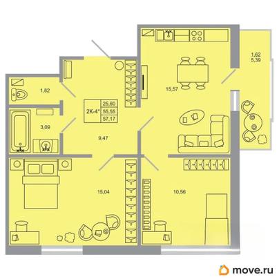 2-комн. квартира, 57.17 м&sup2;