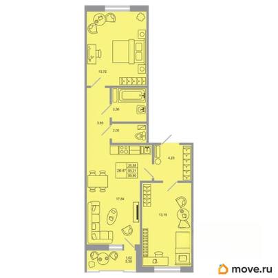 2-комн. квартира, 59.9 м&sup2;
