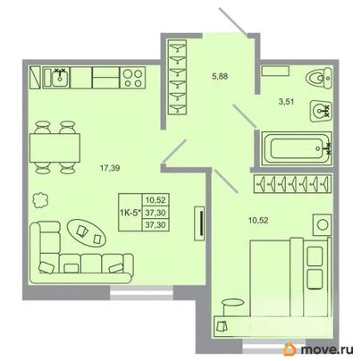 1-комн. квартира, 37.3 м&sup2;