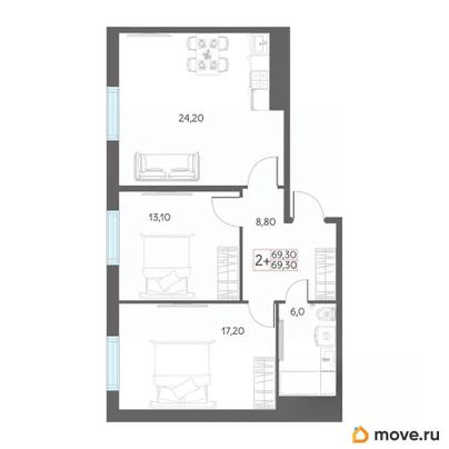 2-комн. квартира, 69.3 м&sup2;