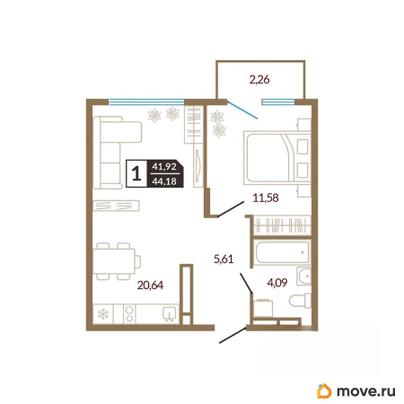 1-комн. квартира, 44.18 м&sup2;