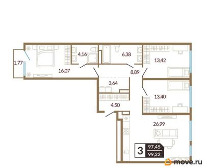 3-комн. квартира, 99.22 м&sup2;