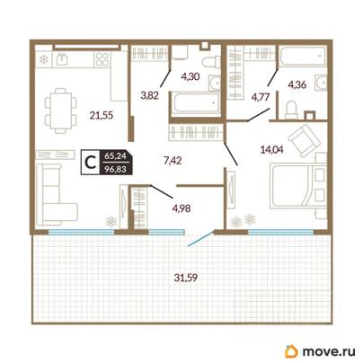 1-комн. квартира, 65.24 м&sup2;
