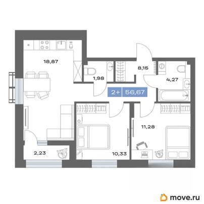 2-комн. квартира, 56.67 м&sup2;