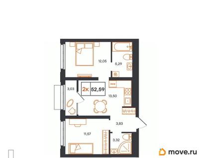 2-комн. квартира, 52.59 м&sup2;