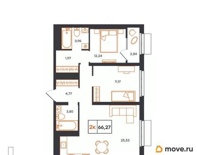 2-комн. квартира, 66.27 м&sup2;