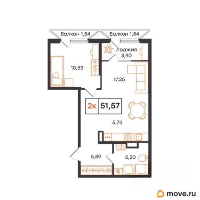 1-комн. квартира, 51.57 м&sup2;