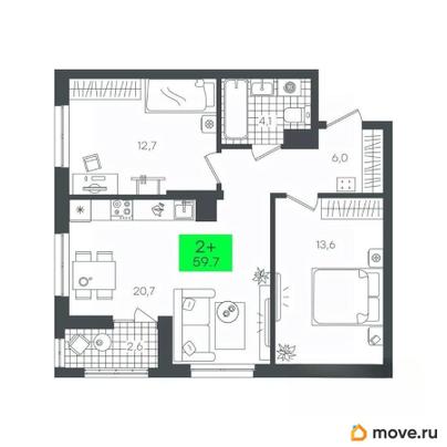 2-комн. квартира, 59.7 м&sup2;